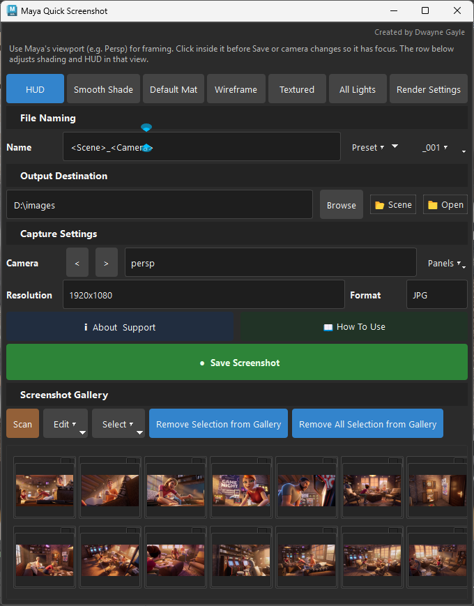 Maya Quick Screenshot Tool UI screenshot